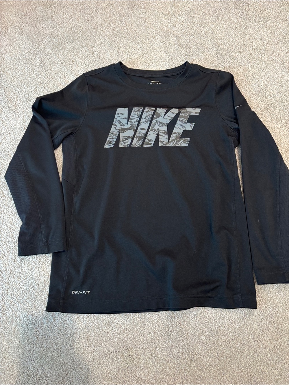 Kids Nike Black Long-Sleeve Dri-FIT Shirt with Gray Logo